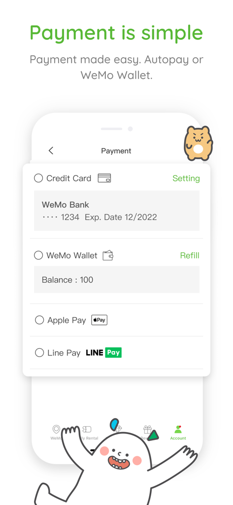 Interface de pagamento do aplicativo WeMo Scooter mostrando opções para cartão de crédito, Carteira WeMo, Apple Pay e Line Pay