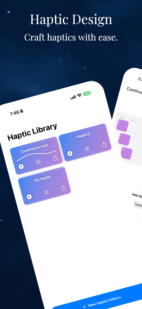 HapticCode - Haptic Library dashboard in the HapticCode app displaying saved haptic patterns for iOS developers.