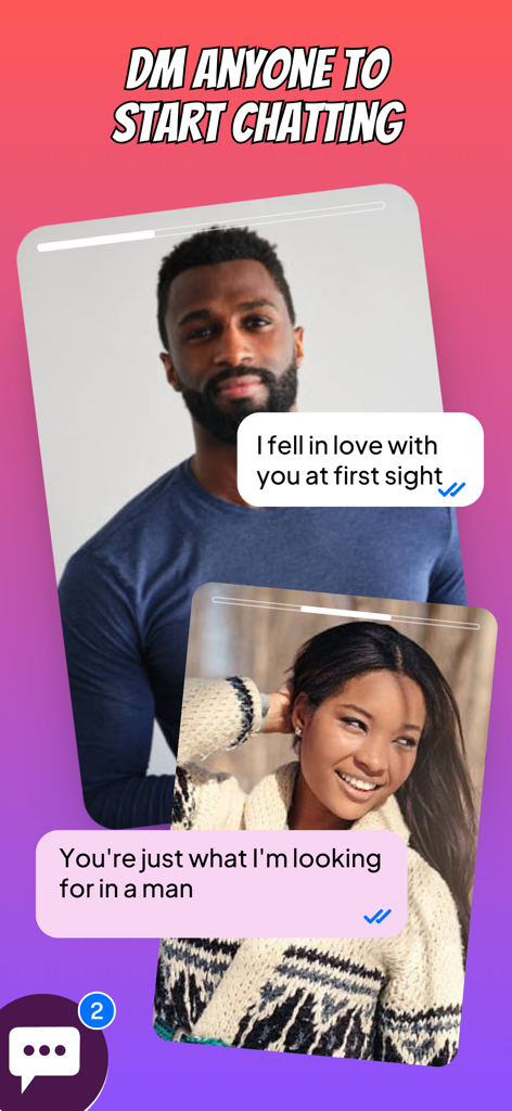 Heyama - African dating - A screenshot of the Heyama African dating app showing the direct messaging feature with profile cards and chat bubbles.