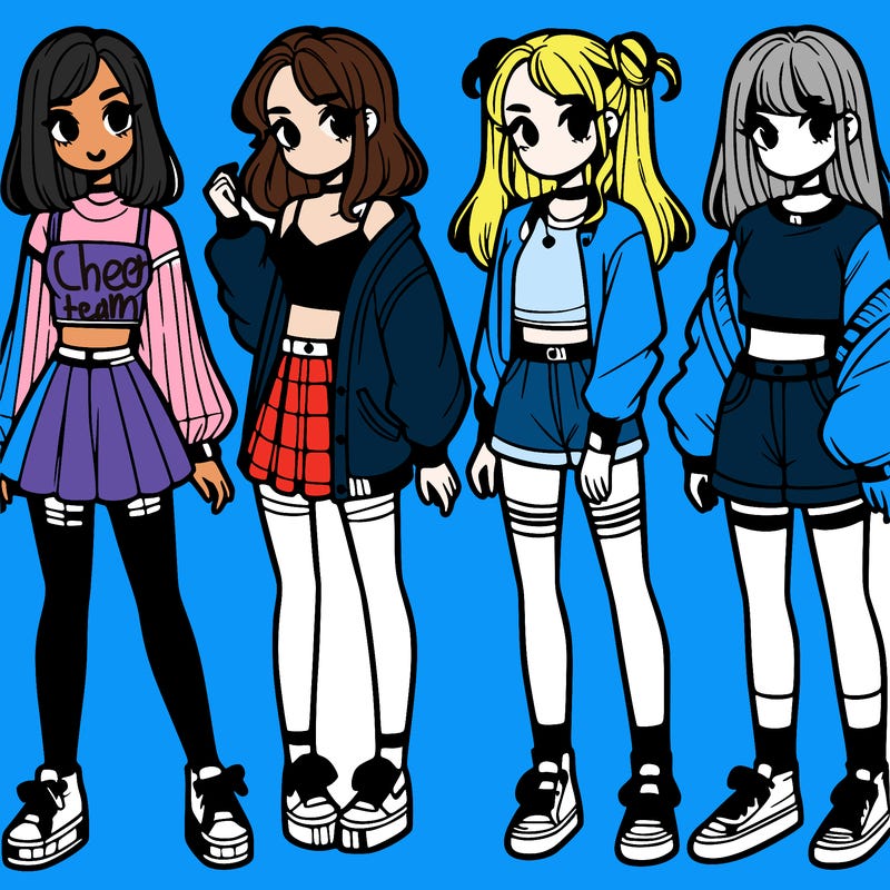 one girl with crop-top shirt and a jacket with a skirt, long socks and another girl with a shirt and pants with a jacket