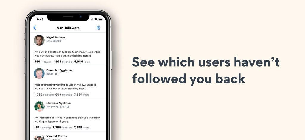 SocialDog - Social Media Tool - Twitterであなたをフォローバックしていないユーザーを表示する管理機能を示すSocialDogアプリ画面