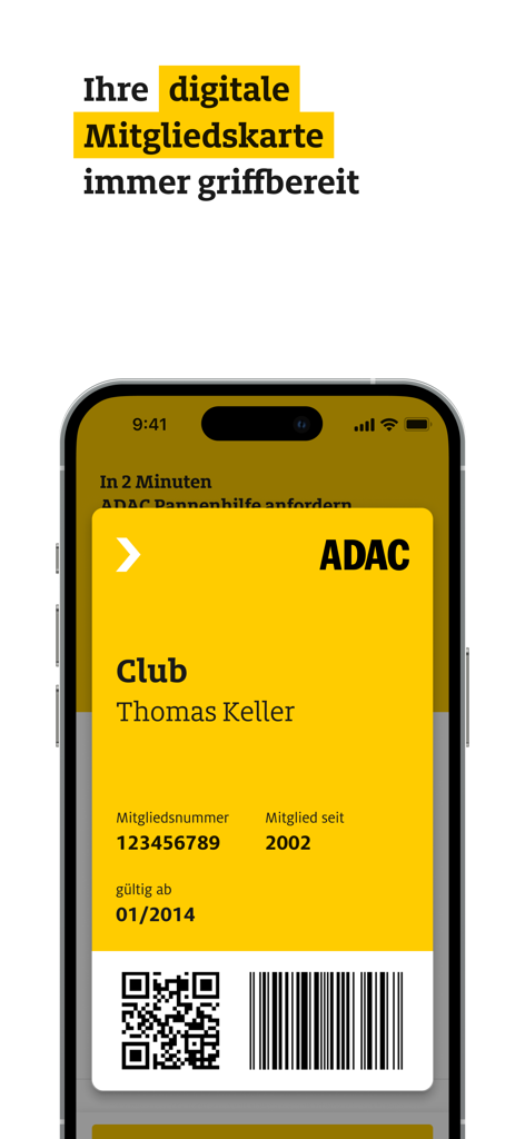 ADAC Pannenhilfe - ADAC Pannenhilfe app interface displaying a digital membership card with member details and a QR code