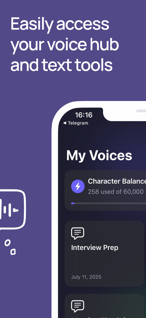 Turn Text to Voice - Voicify - Voicify app interface displaying My Voices hub and character balance tracking