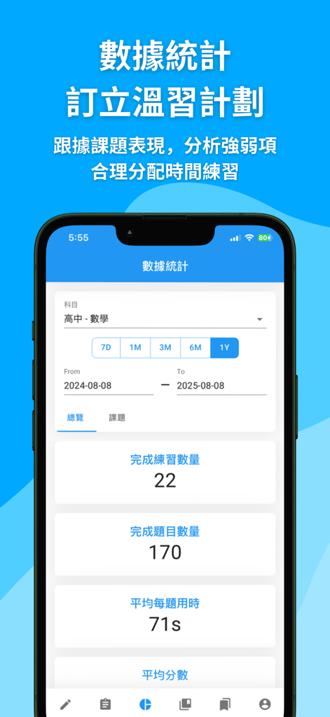 Ein mobiler App-Dashboard, das Lernstatistiken und den Fortschritt des Schülers für HK DSE-Mathematik zeigt.