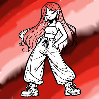 girl in baggy pants crop top and long hair