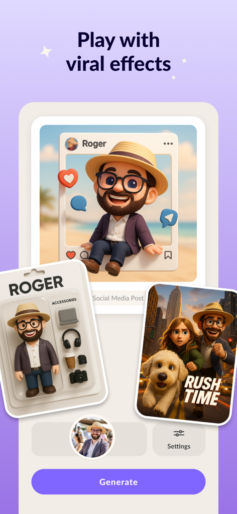 MagicBrew: AI Photo Editor - Schermata dell'app MagicBrew che mostra effetti fotografici AI virali tra cui personaggi 3D, confezioni di giocattoli e poster di film.