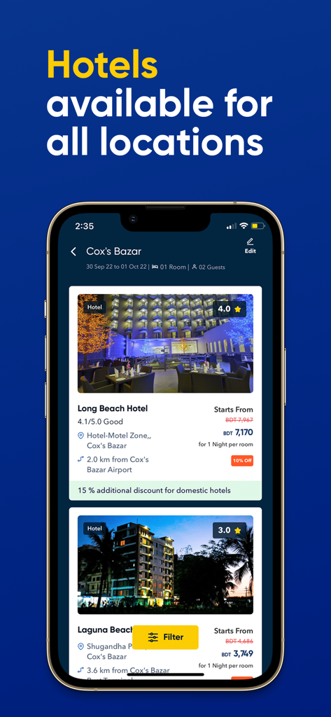 GoZayaan - GoZayaan mobile app showing hotel listings for Coxs Bazar with price and rating details