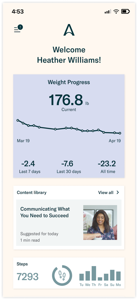 Allurion app dashboard showing weight progress chart and daily steps tracking