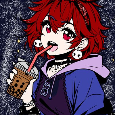 hot baddie anime girl drinking boba and biting the straw