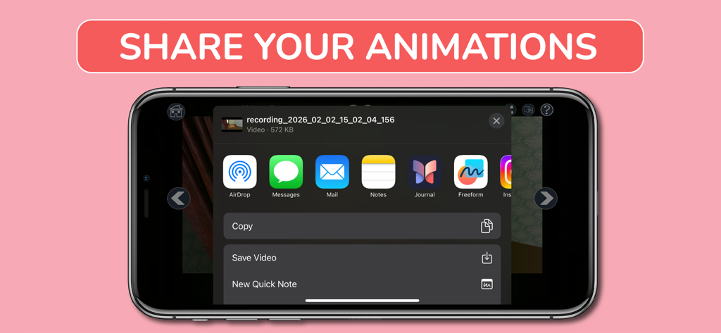 Animate Me 3D app interface showing the iOS share sheet to export and send animations through messages and social media