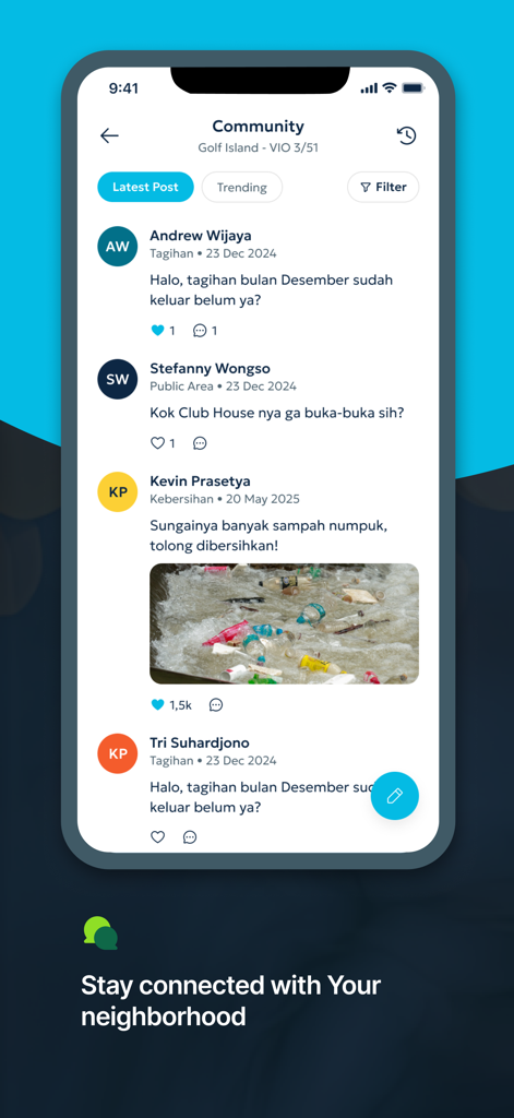 Feed da comunidade no aplicativo Sedayu One City onde os moradores podem compartilhar atualizações do bairro e permanecer conectados.