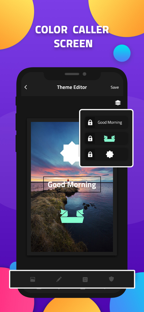 Interface of the theme editor in the Color Phone app showing a customized caller screen with a sunset landscape background and personalized text stickers.