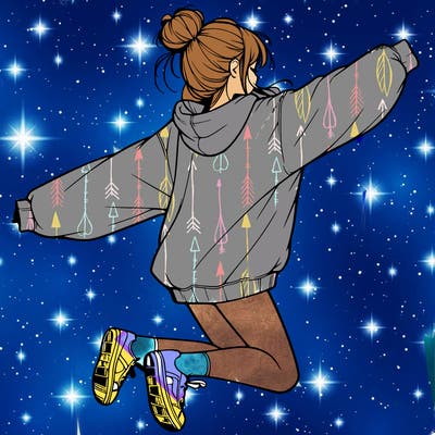 realistic girl jumping with a bun and oversized sweatshirt