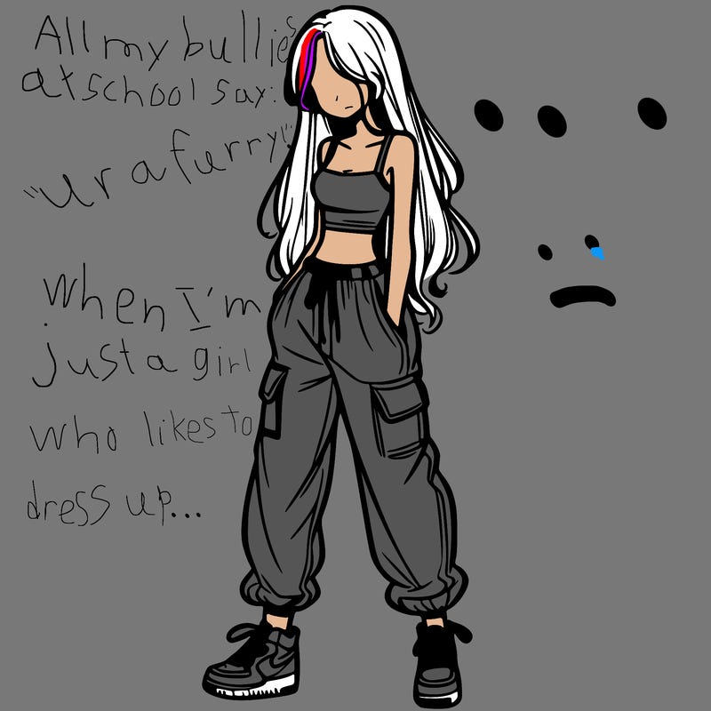 girl in baggy pants crop top and long hair