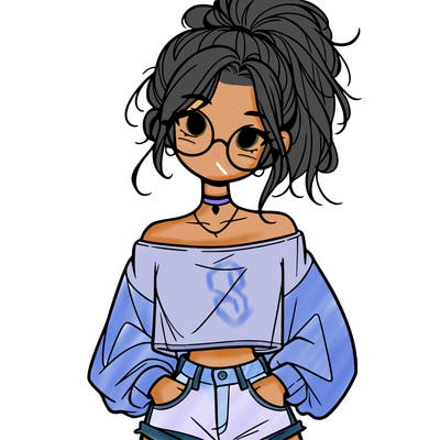 girl with a messy ponytail glasses a baggy crop top and jean shorts