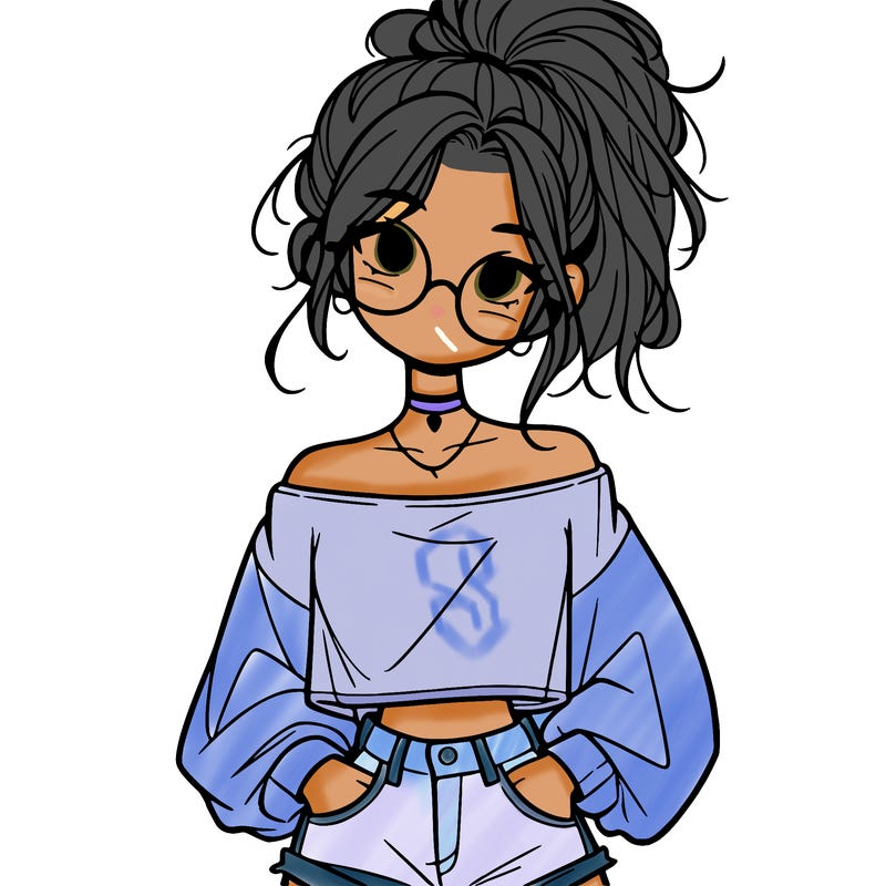 girl with a messy ponytail glasses a baggy crop top and jean shorts