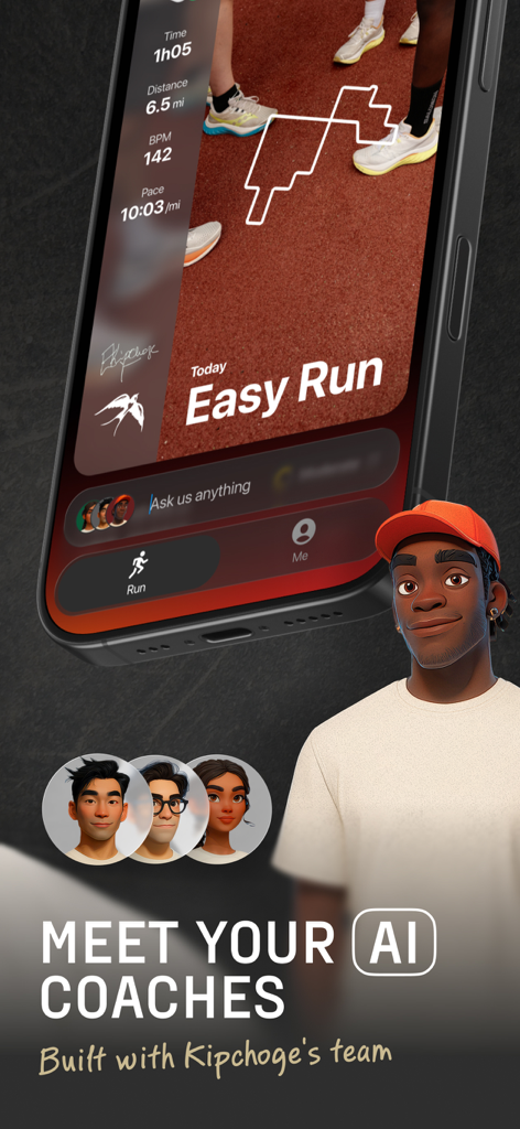 Kotcha running app interface featuring AI coaches and personalized workout metrics