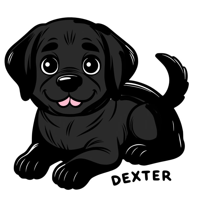cute realistic black labrador dog with name dexter