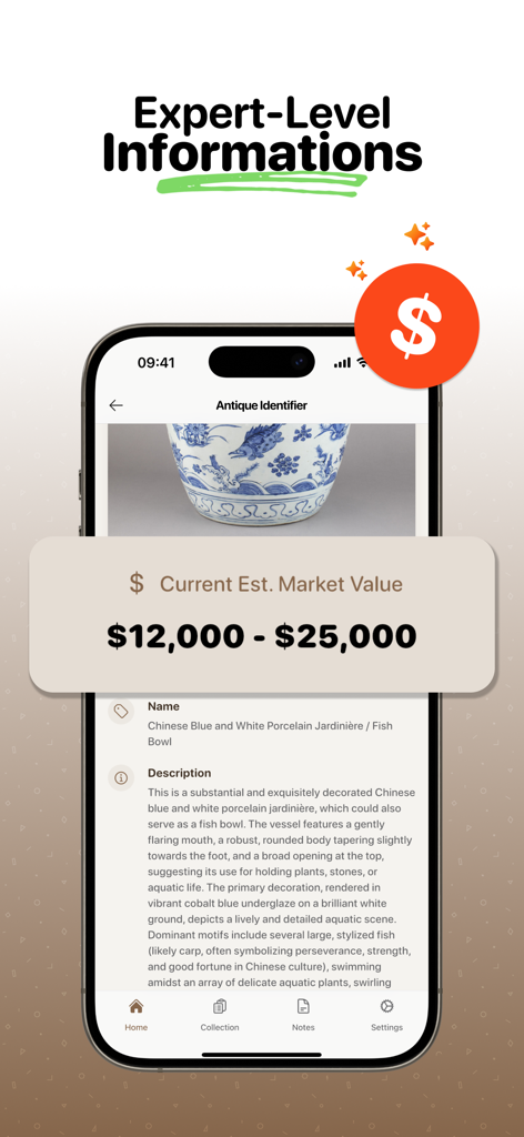 Antique Identifier - Relic AI - Antique Identifier app screen showing estimated market value and detailed information for a Chinese porcelain bowl