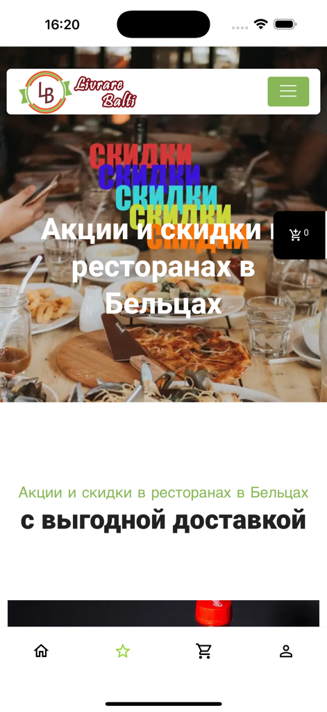 Livrare Balti - Livrare Balti mobile app interface showing restaurant discounts and food delivery services in Balti