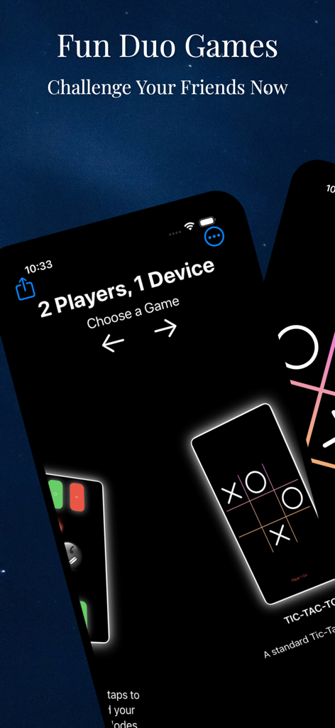 2 Players 1 Device: Tabletop - Menu of 2 Players 1 Device Tabletop app showing casual duo mini games like Tic Tac Toe