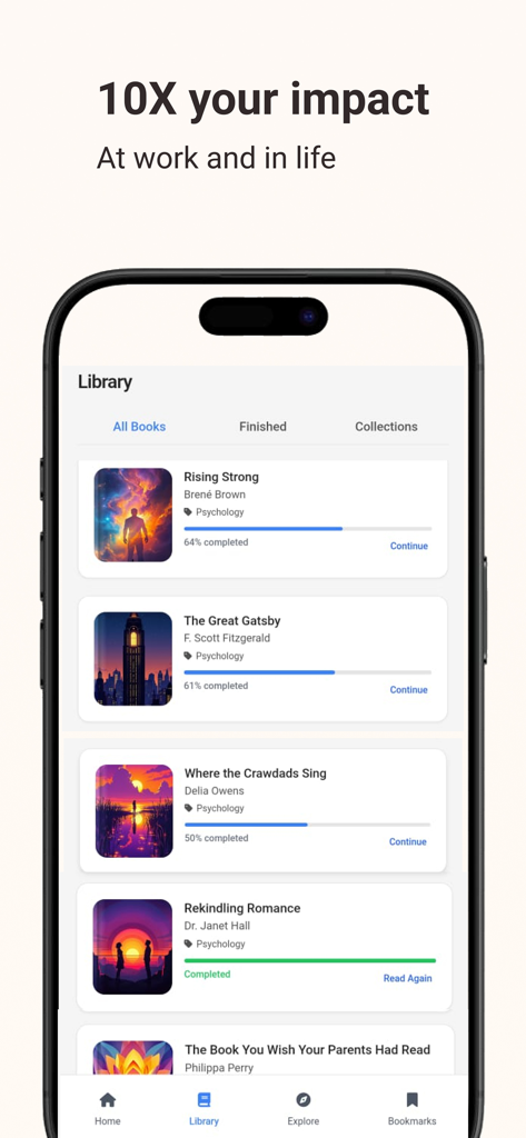 Book AI - Smart Summaries - Rising Strong 및 The Great Gatsby와 같은 다양한 제목에 대한 진행률 표시줄이 있는 도서 요약의 디지털 라이브러리를 보여주는 모바일 앱 인터페이스.