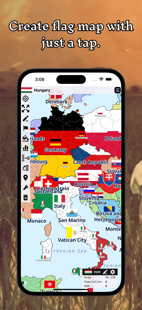 A+ World Map Editor Sandbox - A mobile phone displaying a world map editor app showing a map of Europe with national flags on each country
