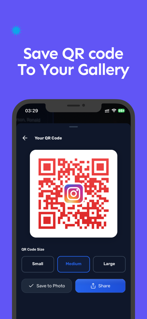 QR Scanner - Fast Code Reader - Una pantalla de la aplicación móvil que muestra un código QR rojo personalizado con un logo de Instagram y opciones para guardarlo en la galería o compartirlo.