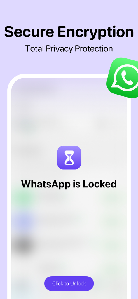 Hidem - App Lock, Lock Apps - Pantalla de bloqueo de la app Hidem que muestra que WhatsApp está bloqueado para protección de privacidad