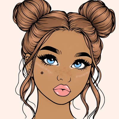 realistic girl with two buns on her hair and lips