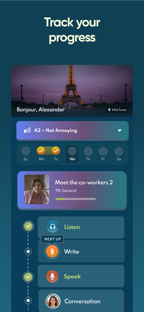 Jumpspeak | Language Learning - Jumpspeak-App-Dashboard, das Fortschrittsverfolgung und Sprachlernlektionen anzeigt.