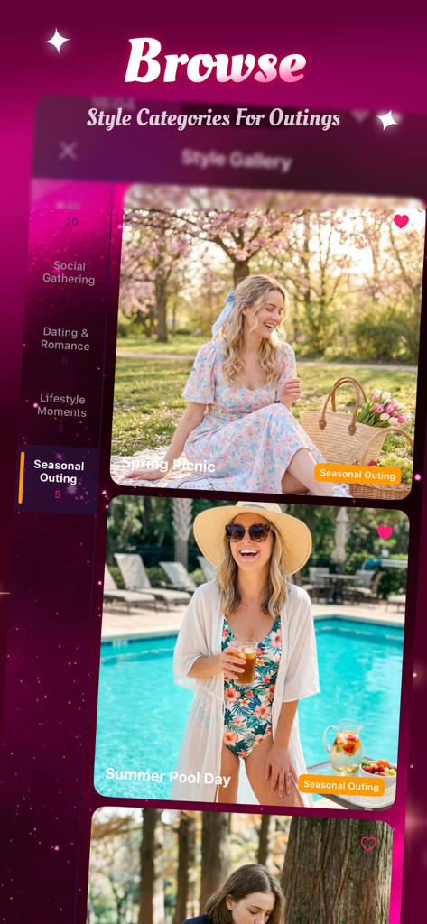 Screenshot of the Conee app browse screen showing AI style categories for seasonal outings like spring picnic and summer pool day