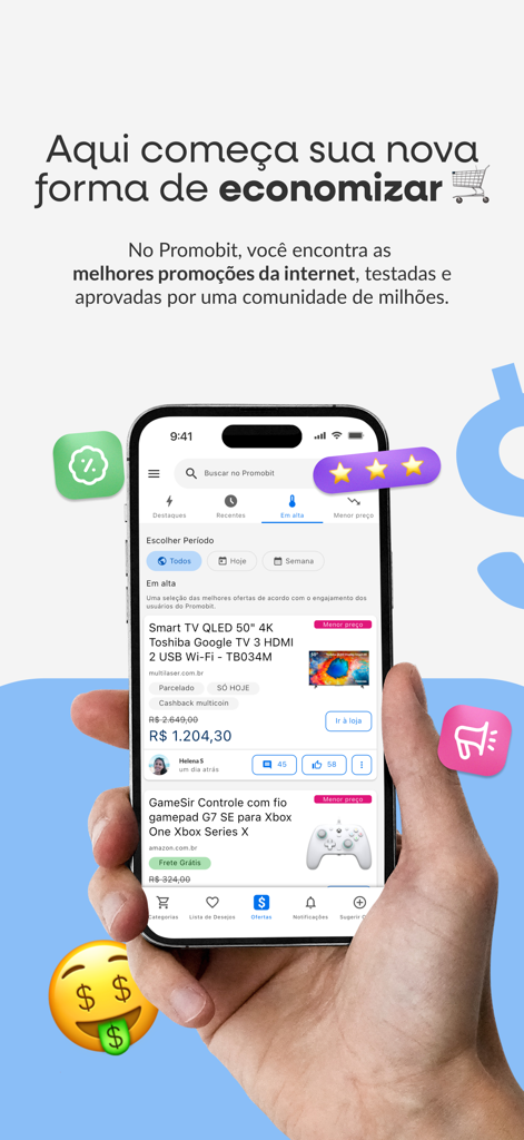Promobit - Ofertas e Descontos - Aplicativo Promobit exibindo ofertas e descontos de compras verificados em uma tela de smartphone.