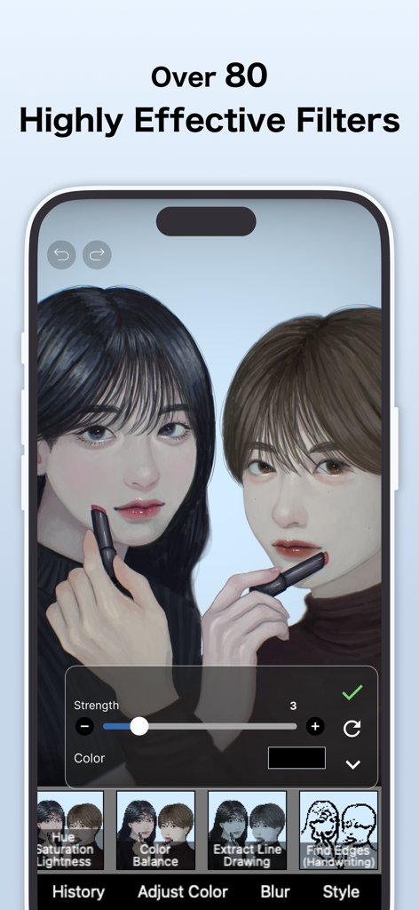 ibis Paint X - Interface of ibis Paint X showing professional filters applied to a digital anime illustration on a smartphone