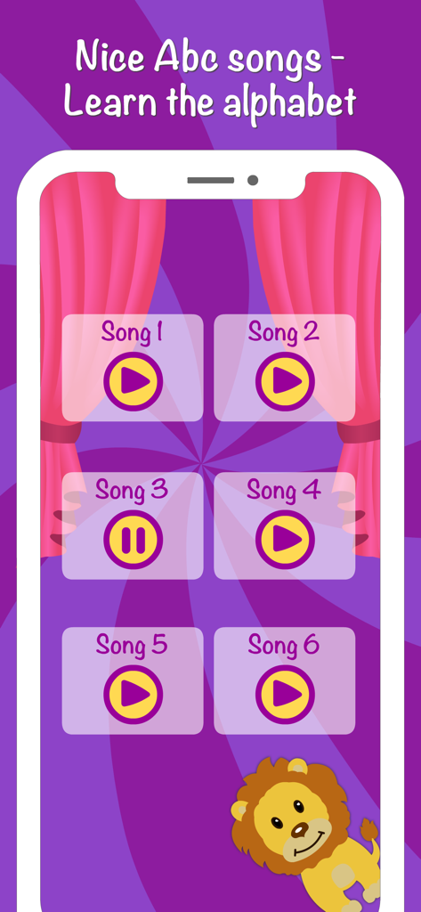 German alphabet songs screen with circus theme and cute lion character