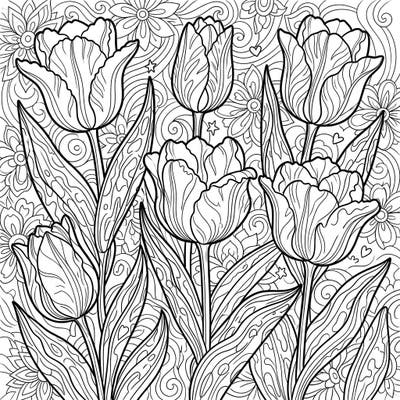 Discover the captivating charm of Greigii Tulips with this stunning coloring template, showcasing their unique patterns and lush foliage. This detailed design invites you to bring a vibrant garden to life with your favorite colors.