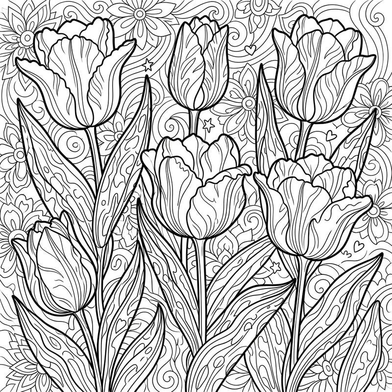 Discover the captivating charm of Greigii Tulips with this stunning coloring template, showcasing their unique patterns and lush foliage. This detailed design invites you to bring a vibrant garden to life with your favorite colors.
