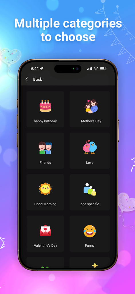 Birthday Video - A smartphone screen displaying different video categories like Happy Birthday, Mother's Day, and Love within the Birthday Video Maker app.