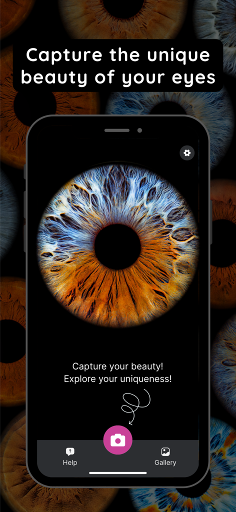 Eyepic: Eye Color Camera - Ein Smartphone-Bildschirm zeigt ein hochauflösendes Iris-Foto innerhalb der Eyepic-App-Oberfläche