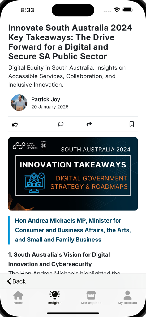 Mobile app screen showing a professional article about digital government strategy and innovation takeaways