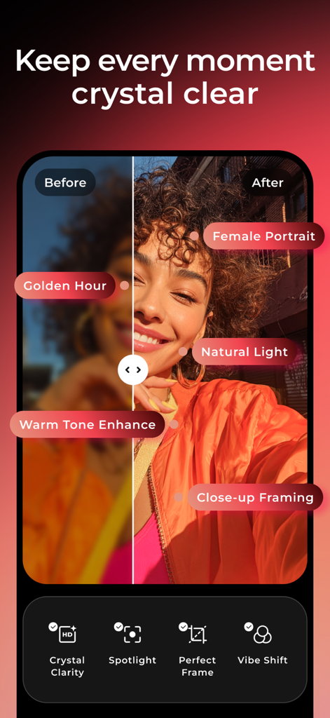 WayShot AIで強化された女性のポートレート写真の編集前後の比較。クリアなディテールと暖かいゴールデンアワーのトーンが特徴。