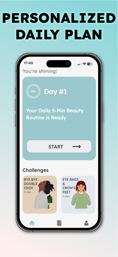 Simple Face Yoga • - Pantalla de plan diario personalizado para la aplicación Yoga Facial Simple que muestra una rutina de belleza de 5 minutos y ejercicios faciales dirigidos.
