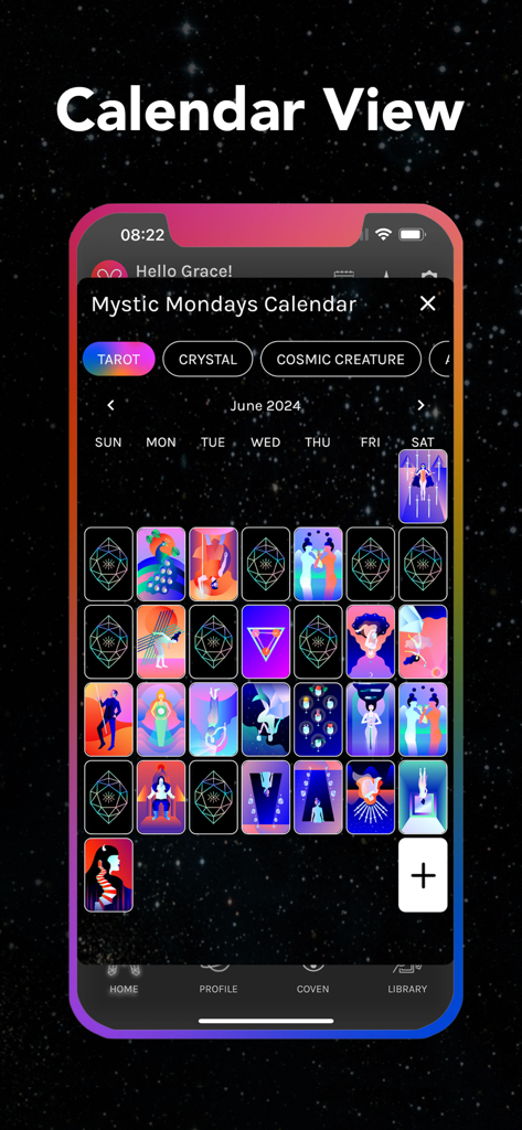Mystic Mondays - Mystic Mondays app calendar view showing a monthly grid of colorful tarot and oracle card draws