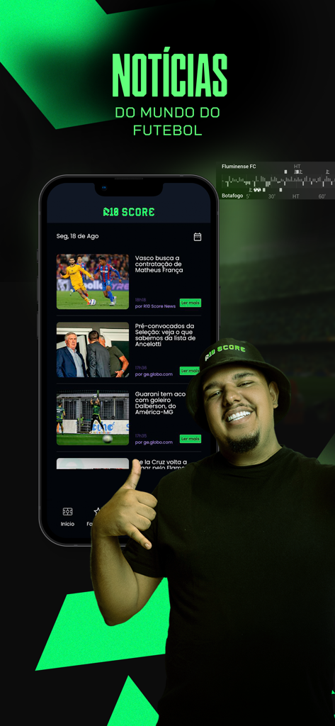 R10 Score - Live Scores - Smartphone displaying the football news feed and match momentum on the R10 Score app.