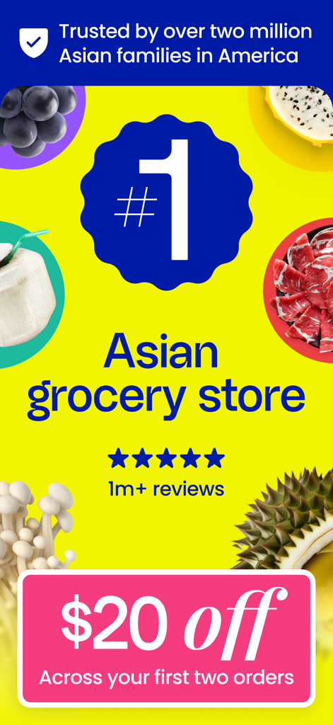 Promotional screen for Weee! the number one Asian grocery store app featuring a twenty dollar discount offer and fresh produce illustrations.