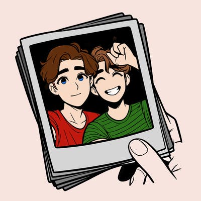 realistic, best friends taking a polaroid picture