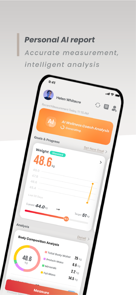Wonder Core - Fitness Partner - Wonder Core app screen showing AI wellness coach analysis and body composition metrics.