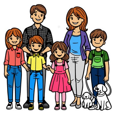 a family of six with a mom dad older girl a little girl and two boys with their dog