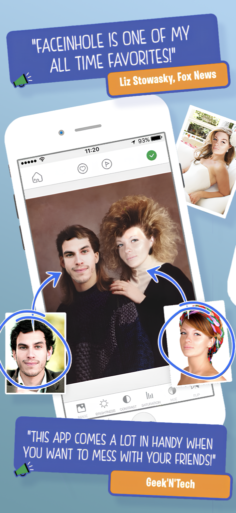 Screenshot of the FACEinHOLE app showing a face swap of a couple into a retro 80s portrait with positive media reviews