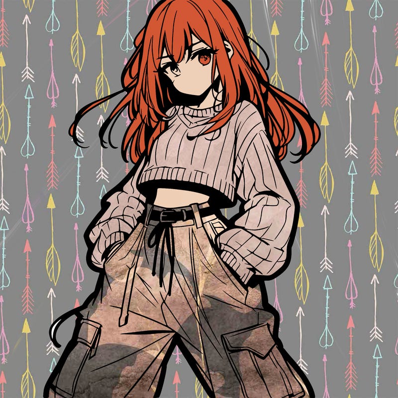 anime teen girl with baggy pants and crop top with sweater